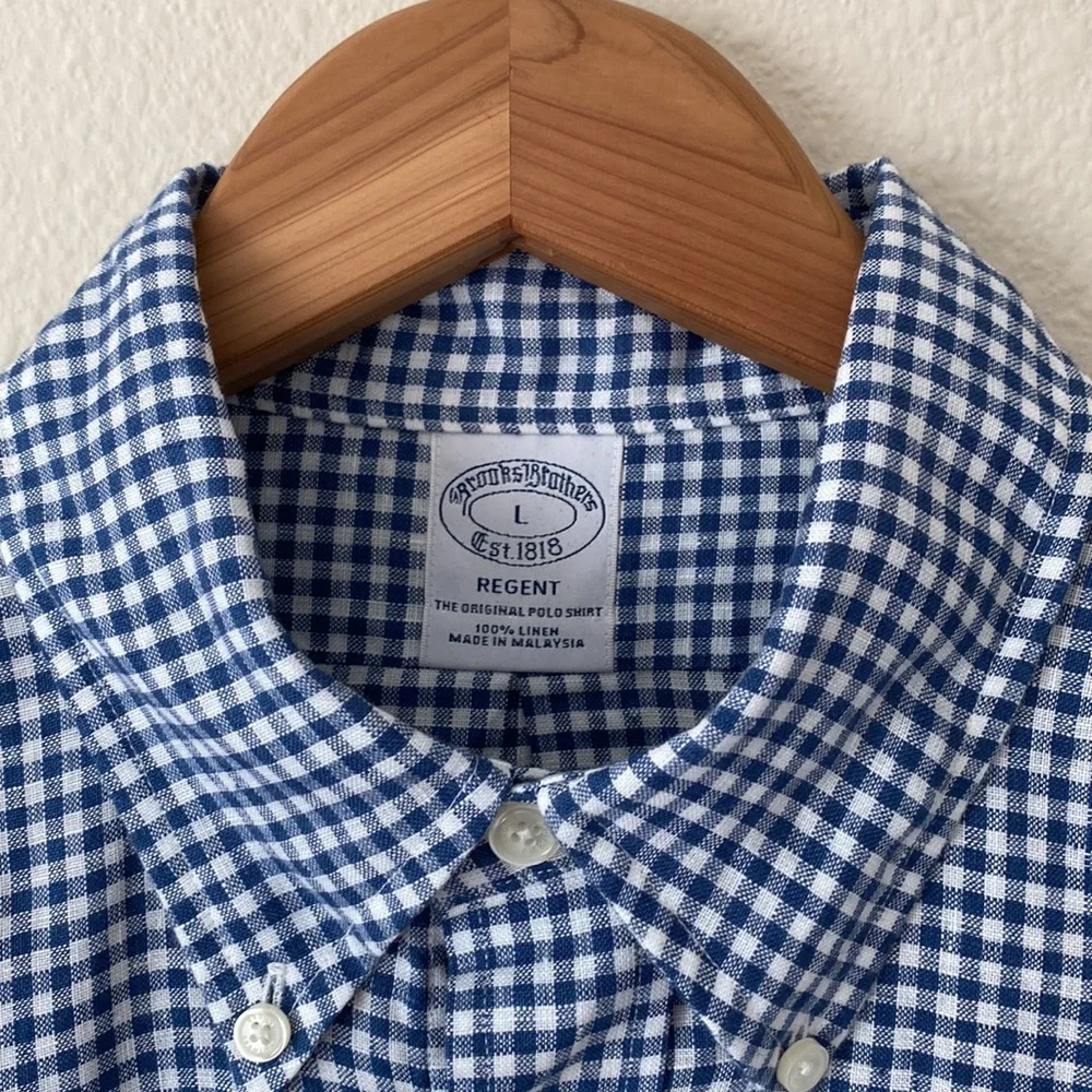Brooks Brothers Regent Fit Men’s Shirt L 100%Linen White&Blue Plaid ButtonDown - Picture 2 of 9